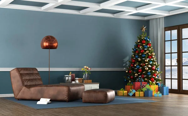 Living Room Mountain House Christmas Tree Leather Chaise Lounge Rendering — Stock Photo, Image