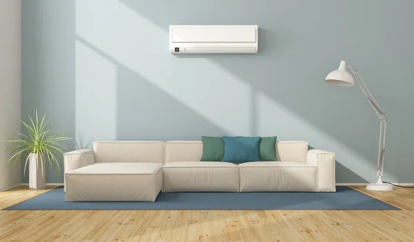 Blue Modern Living Room White Sofa Air Conditioner Rendering — Stock Photo, Image