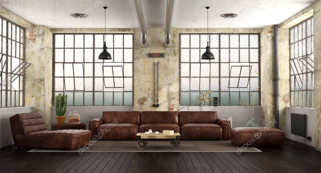 Living room in a loft with leather sofa,chaise lounge and large windows - 3d rendering