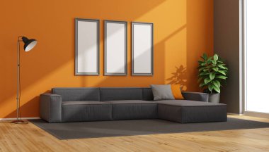 Kumaş koltuk ve zemin lamba - 3d render ile gri ve turuncu modern oturma odası
