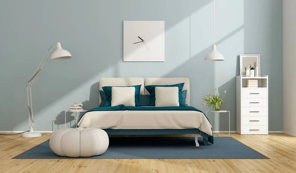 Blå Och Vita Master Bedroom Med Dubbelsäng Och Lådor Rendering — Stockfoto