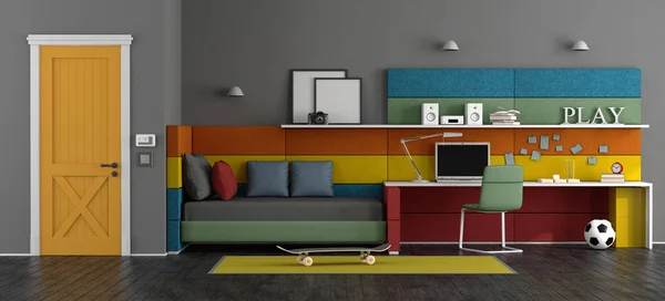 Jonge Tiener Kamer Met Bed Studyspace Kleurrijke Fabric Panelen Rendering — Stockfoto