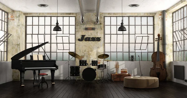 Grand Piano Drums Double Bass Loft Rendering — Stock Photo, Image