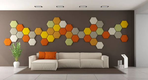 Salón Moderno Con Sofá Blanco Paneles Hexagonales Colores Pared Renderizado —  Fotos de Stock