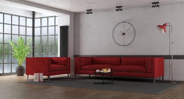 Czerwony Tkaniny Sofa Loft Drewnianą Fllor Duże Stare Okna Renderowania — Zdjęcie stockowe