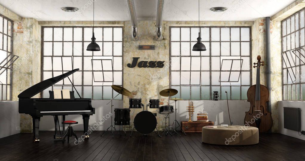 Grand piano,drums and double bass in a loft - 3d rendering