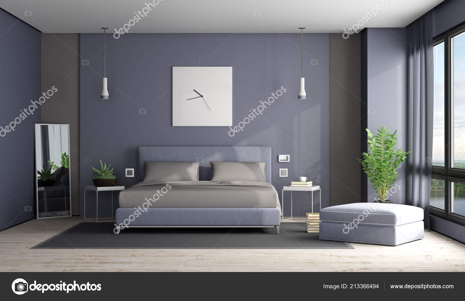 Modern Bedroom Elegant Double Bed Rendering Stock Photo