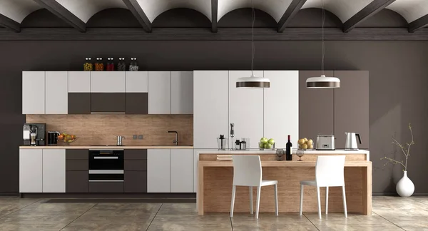 Cucina Contemporanea Bianca Marrone Con Soffitto Arco Pavimento Cemento Rendering — Foto Stock