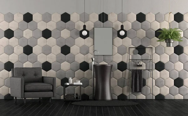 Bathroom Sink Hexagonal Tiles Fabric Armchair Rendering — Stock Photo, Image