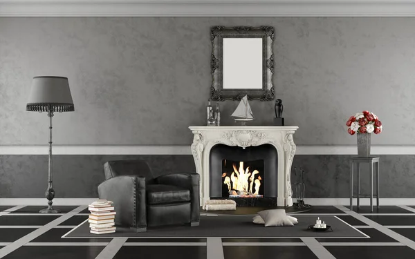 Black White Retro Living Room Fireplace Vintage Armchair Rendering — Stock Photo, Image