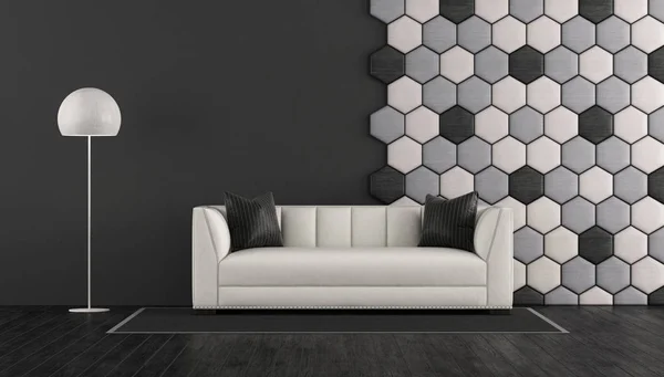 Black White Living Room Elegant Sofa Wooden Hexagonal Panel Wall — Stock Photo, Image