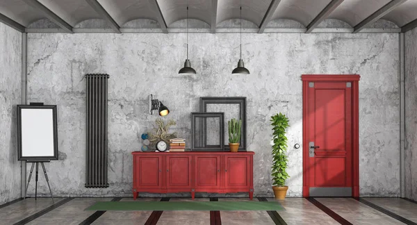 复古家庭入口与红色餐具柜和闭合的门 — 图库照片