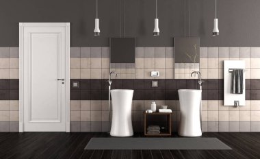 İki lavabo, beton döşeme ve kapalı kapı - 3d render ile modern banyo