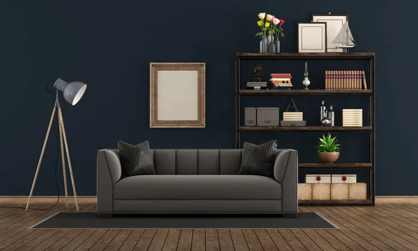 Blue Living Room Gray Sofa Vintage Bookcase Rendering — Stock Photo, Image