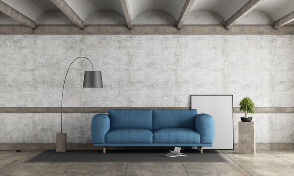 Старая комната с синим диваном на фоне старой бетонной стены - 3D рендеринг
