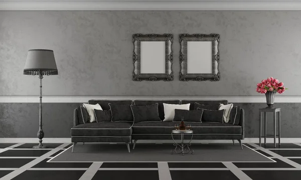 黑白相间的经典起居室 带沙发和落地灯 — 图库照片