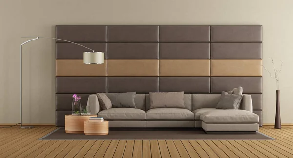 带棕色沙发的现代起居室 真皮面板 — 图库照片