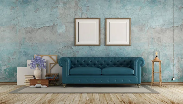 Retro room with blue calssic sofa against old wall - 3d rendering