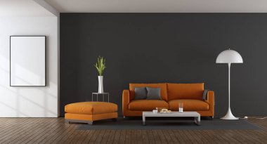 Turuncu kanepe ve tabure gri duvar - 3d işleme karşı modern oturma odası