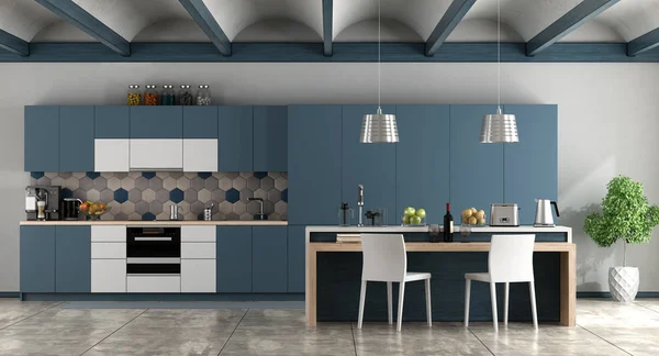 Bílé Modré Moderní Kuchyně Klenutým Stropem Cementové Podlahy Vykreslování — Stock fotografie
