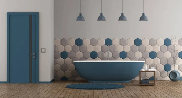 Baño Moderno Azul Gris Con Bañera Puerta Cerrada Renderizado —  Fotos de Stock