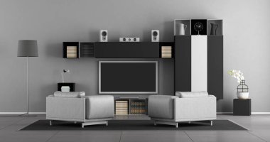 Deri koltuk ve duvar ünitesi ile tv ile oturma odası - 3d render ayarla