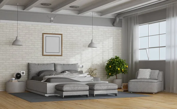 Weiß Und Grau Moderne Mastern Schlafzimmer Einem Dachboden Rendering — Stockfoto