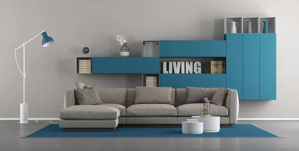 Soggiorno Moderno Con Divano Libreria Blu Rendering — Foto Stock