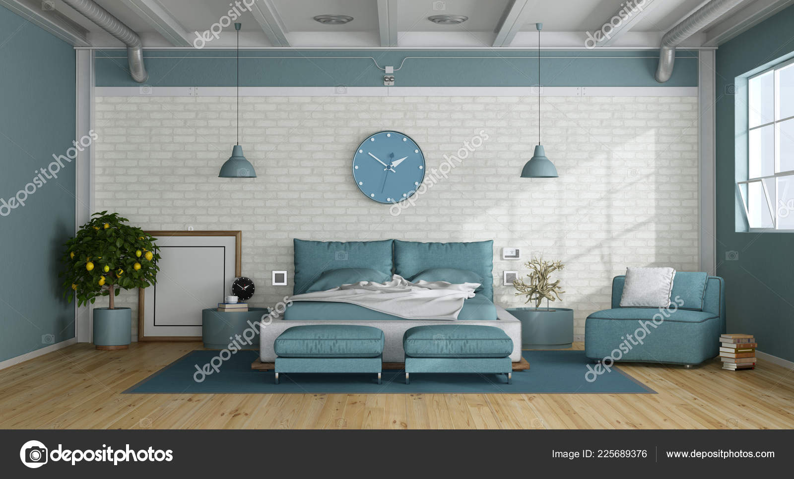 Blue Master Bedroom Loft Double Bed Armchair White Brick