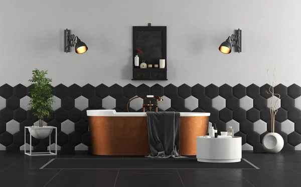 Zwart Witte Badkamer Met Koperen Bad Rendering — Stockfoto