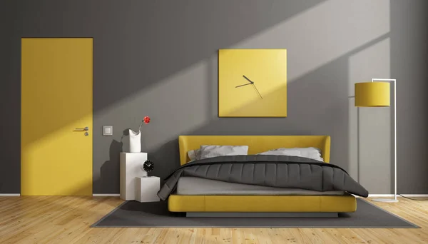 Quarto Moderno Cinza Amarelo Com Cama Casal Porta Fechada Renderização — Fotografia de Stock