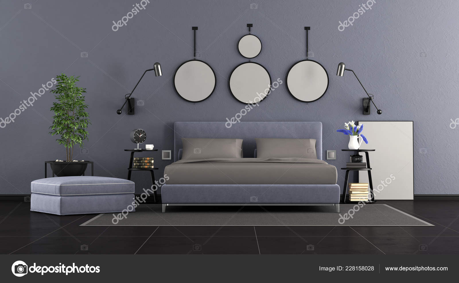 Purple Gray Master Bedroom Double Bed Footstool Rendering