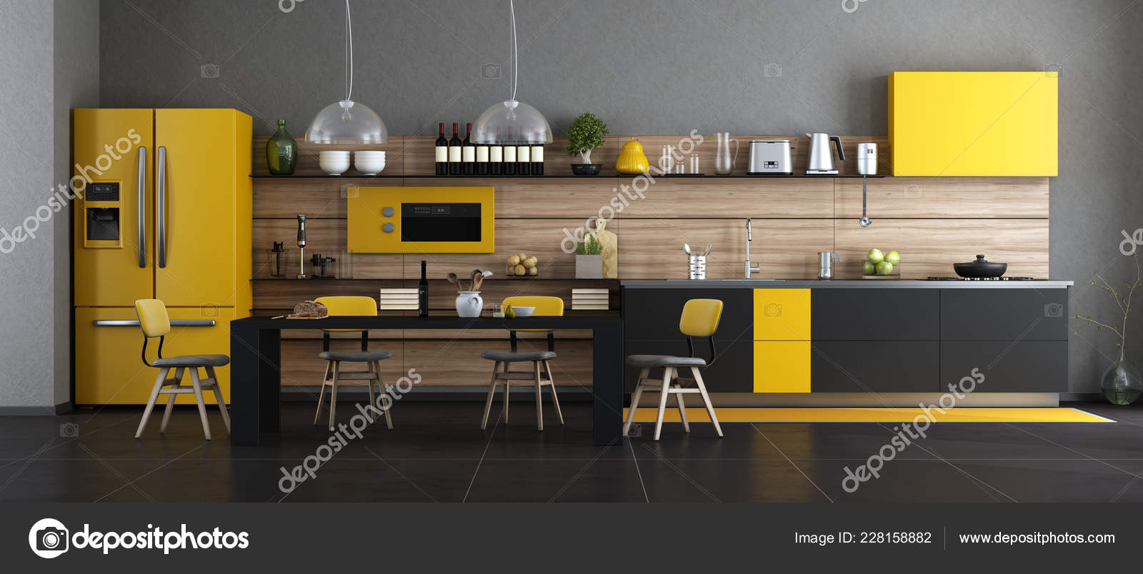Black Yellow Modern Kitchen Dining Table Chairs Rendering