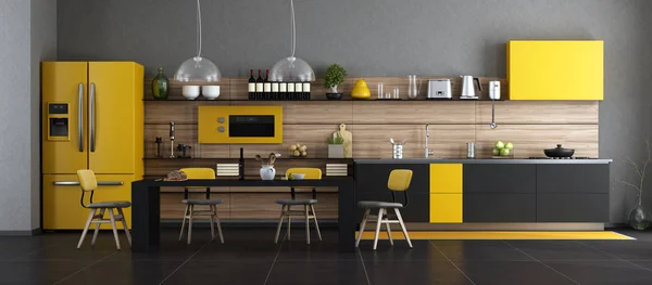 Cocina Moderna Negra Amarilla Con Mesa Comedor Sillas Representación — Foto de Stock