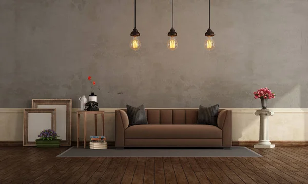 Retro living room with old wall and brown fabric sofa - 3d rendering