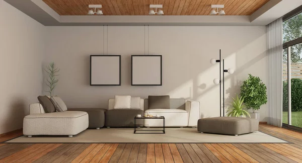 客厅在一个现代化的别墅 木制天花板和硬木地板 — 图库照片