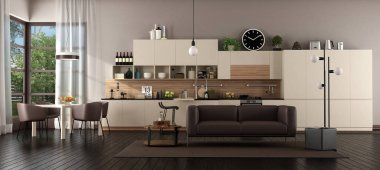 Büyük salon mutfak, yemek masası ve kanepe - 3d render ile