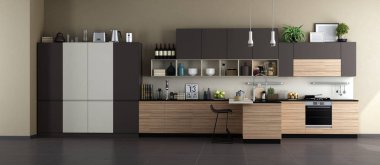 Beyaz, kahverengi ve ahşap mutfak ada - 3d render ile