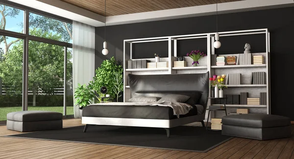 Dormitorio Principal Una Villa Moderna Con Cama Blanco Negro Librería —  Fotos de Stock