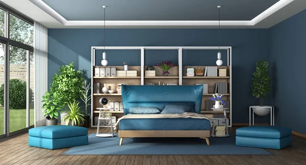 Blaues Hauptschlafzimmer Einer Modernen Villa Mit Elegantem Doppelbett Rendering — Stockfoto