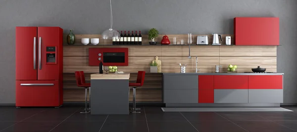 Cozinha Contemporânea Vermelha Cinza Com Ilha Banquinho Bar Renderização — Fotografia de Stock