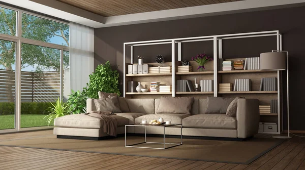 Brown Living Room Sofa Bookase Large Window Rendering — стоковое фото