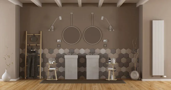 Elegant Bathroom Double Washbasin Hexagonal Tiles Wall Rendering — Stock Photo, Image