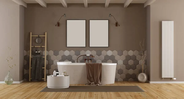 Şık Banyo Küvet Duvar Render Üzerinde Altıgen Fayans — Stok fotoğraf