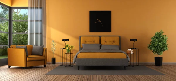 Grijs Oranje Master Slaapkamer Met Tweepersoonsbed Fauteuil Groot Raam Rendering — Stockfoto