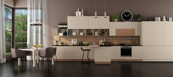 Moderne Beige Küche Einer Villa Mit Insel Und Esstisch Rendering — Stockfoto
