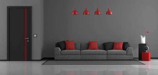 Salon Moderne Gris Noir Rouge Avec Canapé Moderne Porte Fermée — Photo