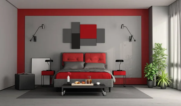 Dormitorio Principal Moderno Rojo Gris Con Cama Doble Mesa Centro —  Fotos de Stock