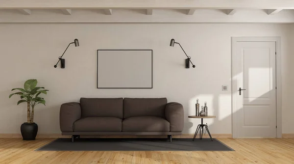 Sofa Coklat Interior Putih Dengan Balok Atap Kayu Dan Pintu — Stok Foto