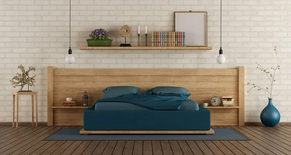 Mater Bedroom Wooden Duoble Bed White Brickwall Rendering — Stock Photo, Image